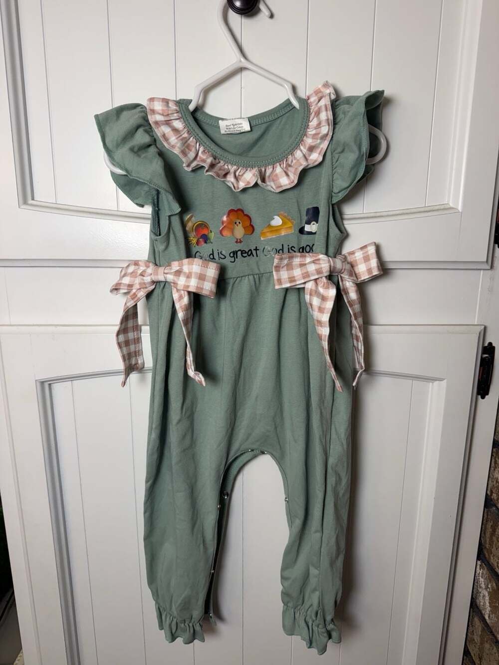 Thanksgiving Sage Green Gingham Romper size 18 months